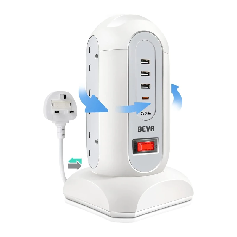 Tower Extension Lead, BEVA Surge Protected Extension Lead with 4 USB Slots 9 AC Outlets, UK Tower Power Strip with 1.65M Retractable Cable, Multi Plug Extension Socket with Switch for Home Office