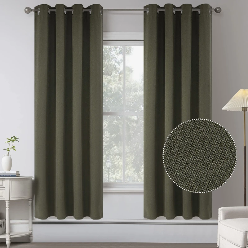 Olive Green Absolutely Blackout Faux Linen Textured Curtain Draperies for Bedroom - Energy Saving Thermal Insulated Anti-Rust Grommet Window Curtains for Living Room (2 Panels,W 52 x L 63 Inch Length)