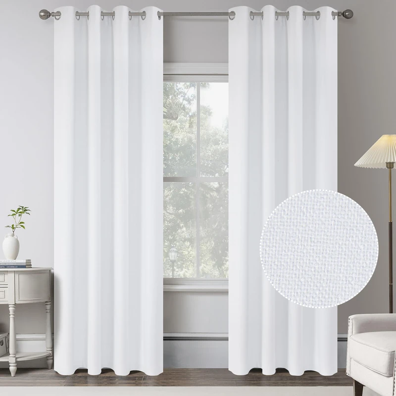 Pure White Linen 100% Blackout Curtains for Bedroom -95 Inches Long Energy Saving Thermal Insulated Window Treatment Rustic Style Curtain Drapes for Living Room(2 Panels,W 52 x L 95 Inch)