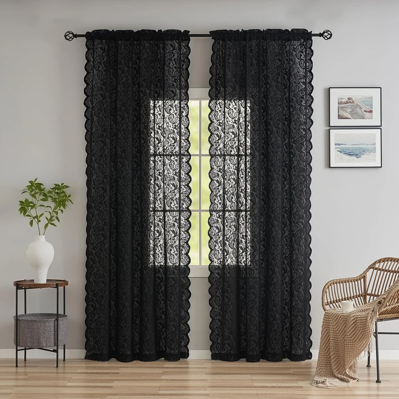 Black Floral Curtains 108 Inches Long 2 Panels Set Elegant Boho Lace Semi Sheer Curtain Drapes for Living Room Sliding Glass Door 9ft Tall Farmhouse/Gothic/Skull/Halloween Decor, 52W x 108L Inch