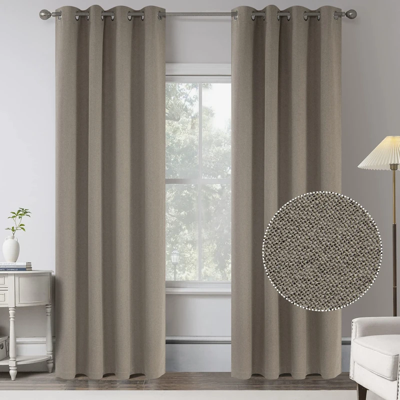2 Panels Taupe Faux Linen Textured Quality Curtains -100 Percent Blackout Curtains 84 Inches Long - Burlap Shabby Chic Curtain Drapes for Modern Farmhouse (Greige,2 Panels,W 52 x L 84 Inch Length)