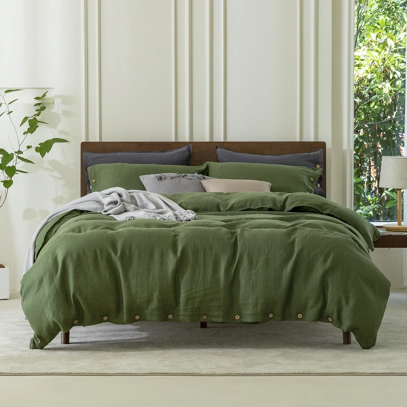 EVERLY 100% Pure Linen Duvet Cover Set Queen Size90X90Inch 3pcs (1 Duvet Cover,2 Pillowcases) Soft and Breathable for All Season with Coconut Button Closure, Suitable for Hot Sleepers-Mossy Green