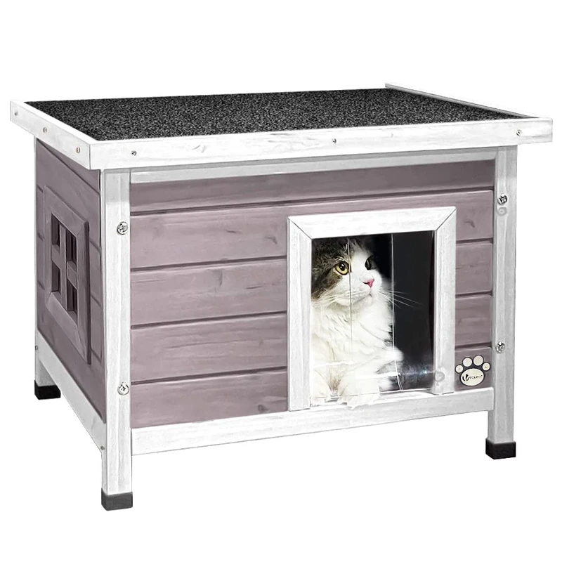 VOUNOT® Cat House Garden Wooden Kitten Home with Water-resistant Openable Roof, Privacy Window Outdoor Pet Shelter 57x45x43cm, Grey