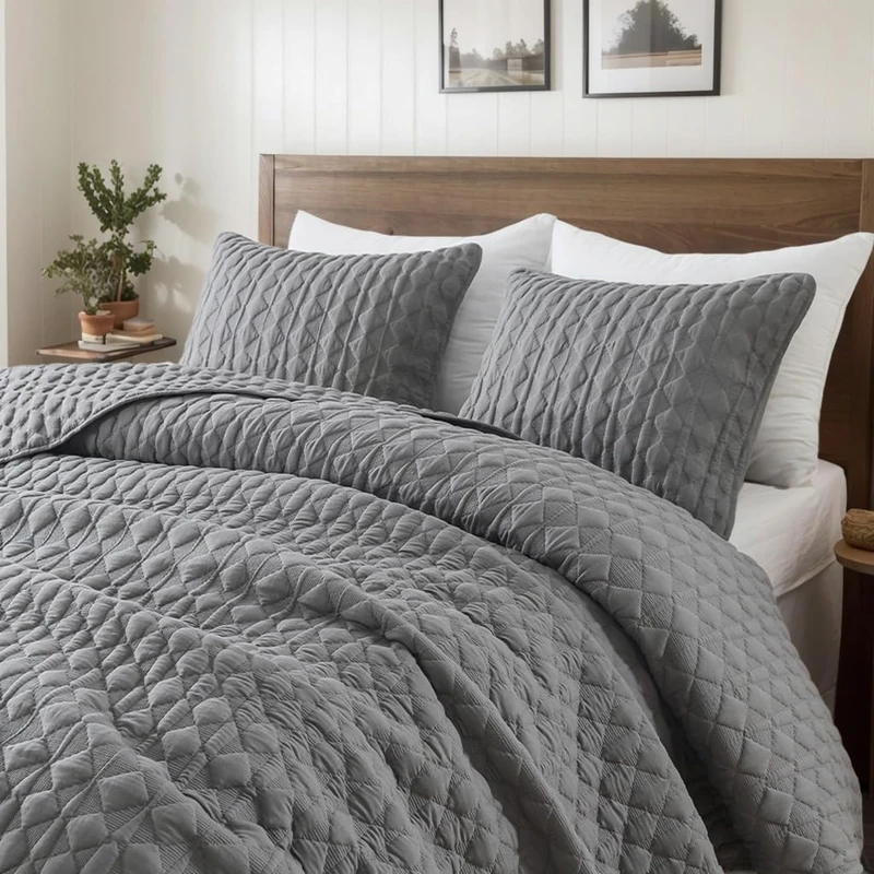 WDCOZY Dark Grey Quilt Queen Size Bedding Sets with Pillow Shams, Lightweight Soft Bedspread Coverlet, Quilted Blanket Thin Comforter Bed Cover, All Season Spring Summer, 3 Pieces, 90x90 inches - Image 1