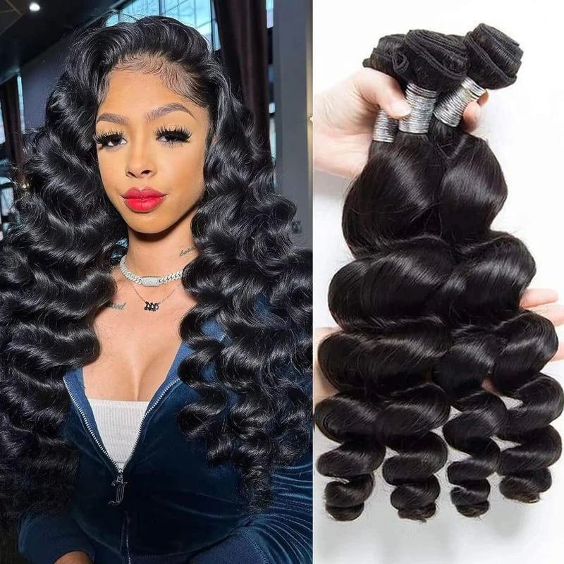 Ralisa Human Hair Bundles Loose Wave Bundles (18 20 22in) 10 A Brazilian Virgin 100% Unprocessed Human Hair Loose Deep Wavy 3 Bundles Natural Black Weave Hair Extensions Ocean wave Human Hair Bundles