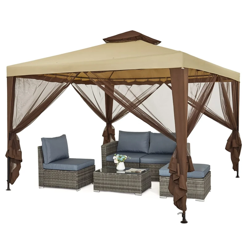 Mondeer Garden Gazebo 3x3m, Heavy Duty Outdoor Patio Pavilion with Double Tier Roof and Netting Sidewalls, Metal Frame, Luxury Modern Style, Khaki