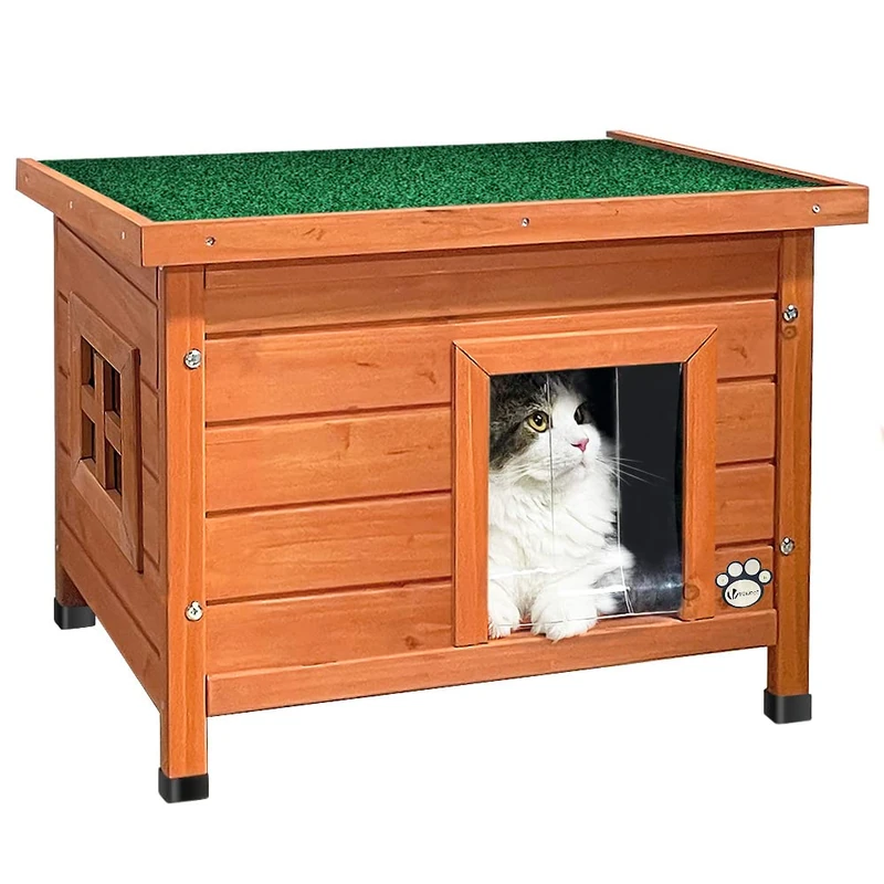 VOUNOT® Cat House Garden Wooden Kitten Home with Water-resistant Openable Roof, Privacy Window Outdoor Pet Shelter 57x45x43cm