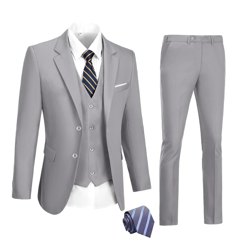 Mens Suits 3 Pieces 2 Button Slim Fit Suit Tuxedo Prom Formal Jacket Blazer Vest Pants with Tie, Grey, L