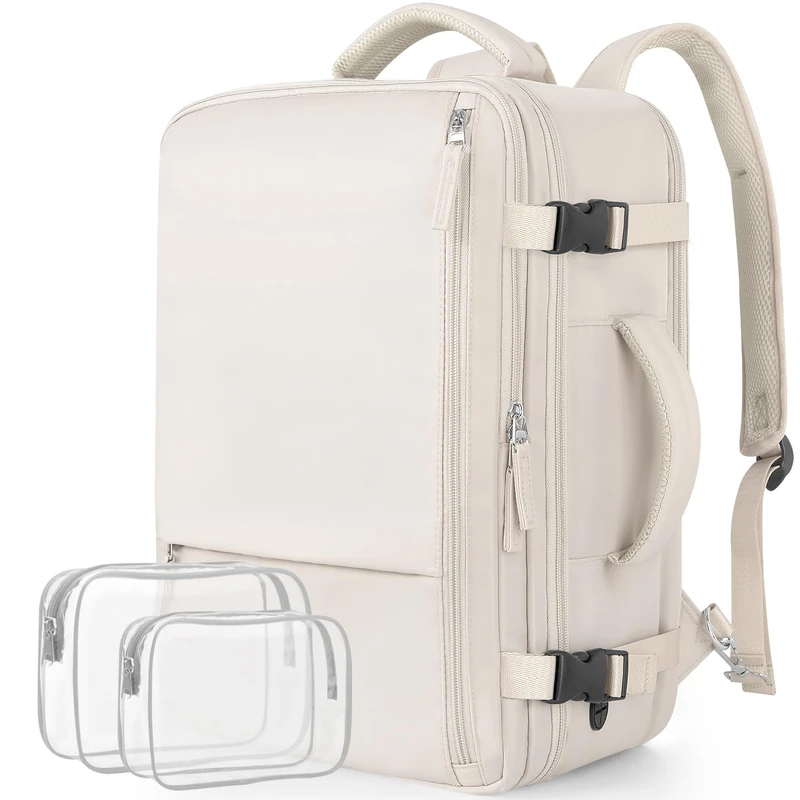 Snoffic Travel Laptop Backpack for Men Women, 17.3 Inch Carry-On Backapck, Beige, 16.53 x 11.41 x 7.87 inches(L x W x D), Travel Backpacks