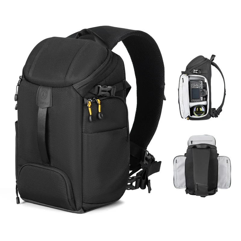 TARION Large Camera Sling Bag - DSLR Drone Camera Slingpack with Dual-Side Opening Waterproof Rain Cover Photography Crossbody Bag for Hiking Travel Black Hexagon HX-S