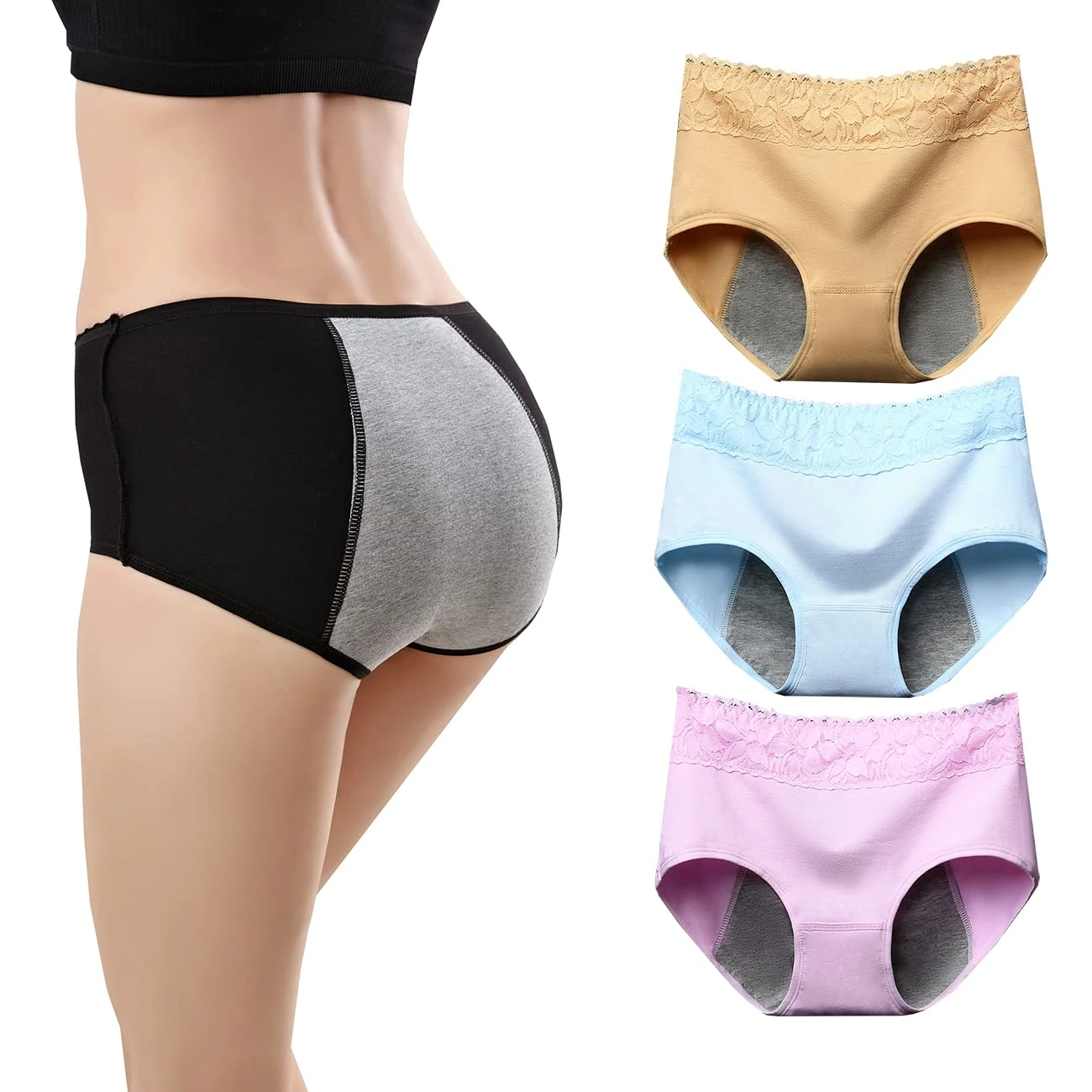 marysgift Womens Knickers Teen Girls Menstrual Underwear Cotton Leak-proof Period Pants Pack of 3 (Q05,L UK 8 10)