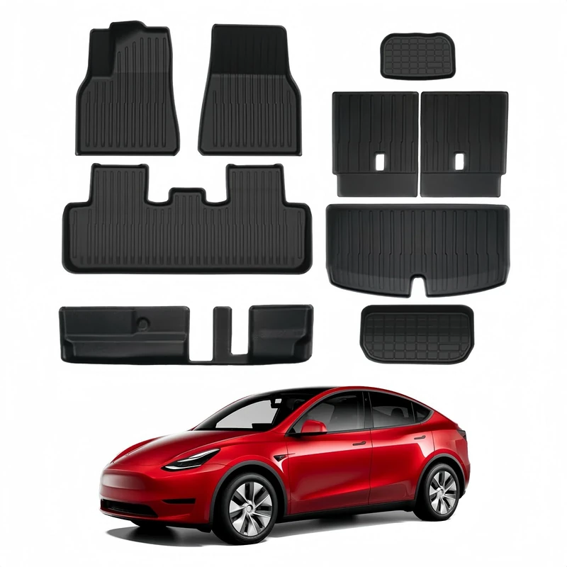KIKIMO 9PCS Tesla Model Y Floor Mats 7 Seater 2020-2023 2024, Tesla Model Y Accessories, All Weather Mats for Model Y, Anti-Slip Cargo Trunk Mat Backrest Mats Custom Fit for Tesla (Not Fit 5)