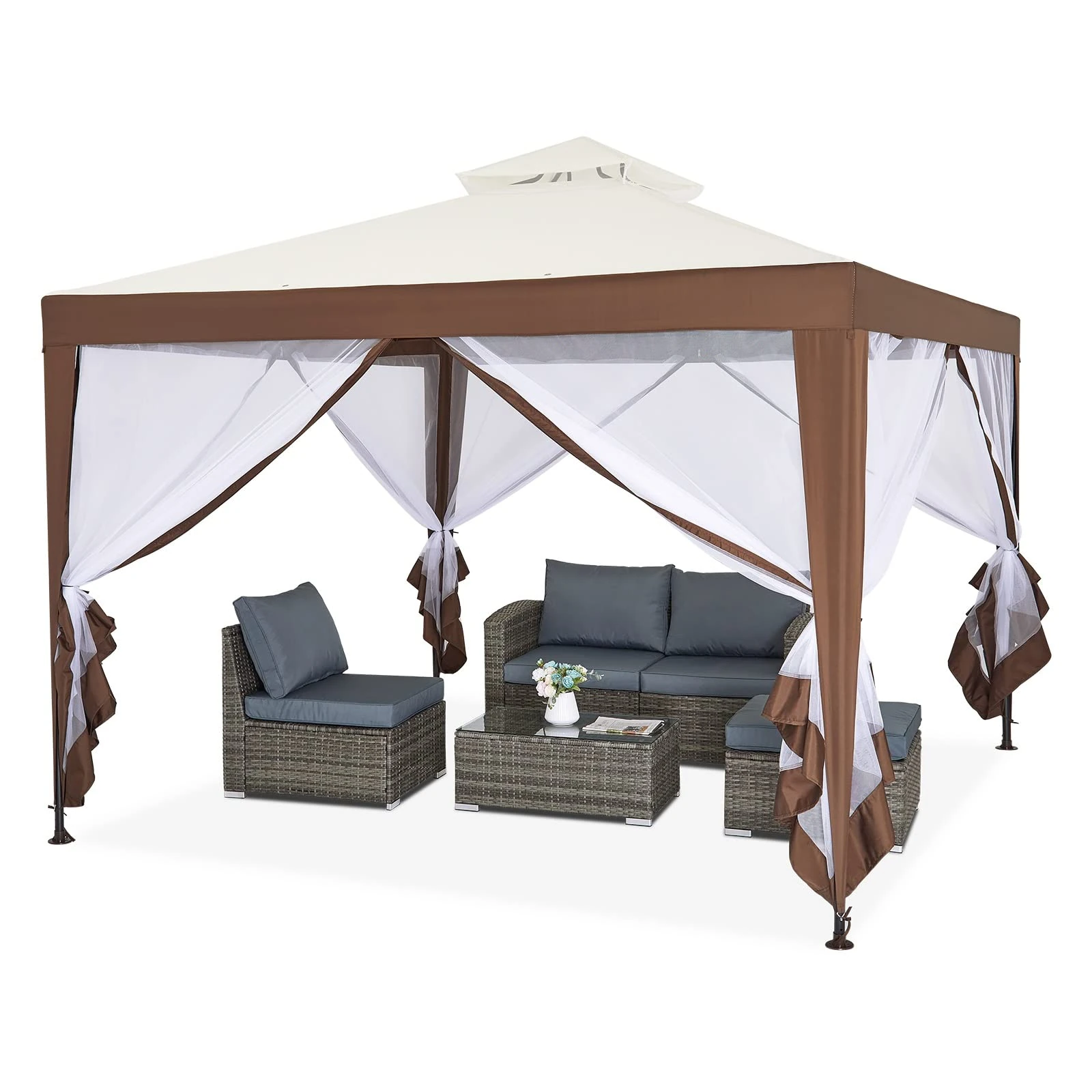 Mondeer Garden Gazebo 3x3m, Heavy Duty Outdoor Patio Pavilion with Double Tier Roof and Netting Sidewalls, Metal Frame, Luxury Modern Style, Beige and Brown