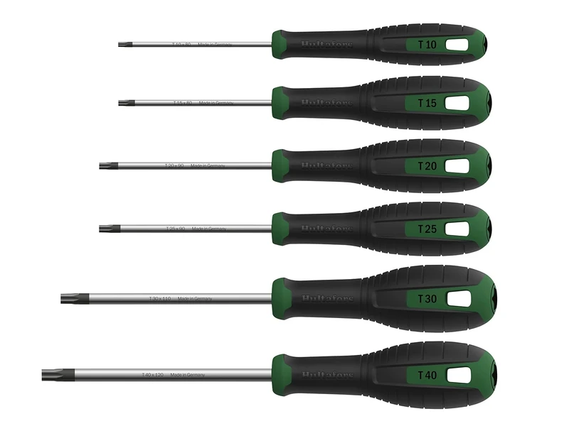 Hultafors TORX® Screwdriver Set, 6 Piece, 6 x TORX® Screwdrivers: T10 x 80mm, T15 x 80mm, T20 x 90mm, T25 x 90mm, T30 x 110mm & T40 x 120mm.