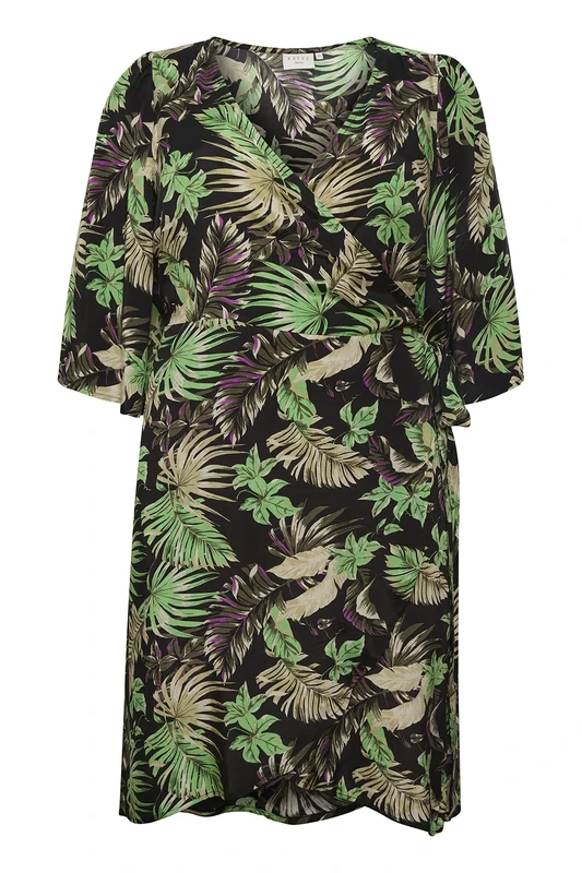 Kaffe Curve Women's Plus-Size Wrap Dress Knee Length Three Quarter Sleeves, Green/Black/Purple Palm Print, 20/Big - Image 1
