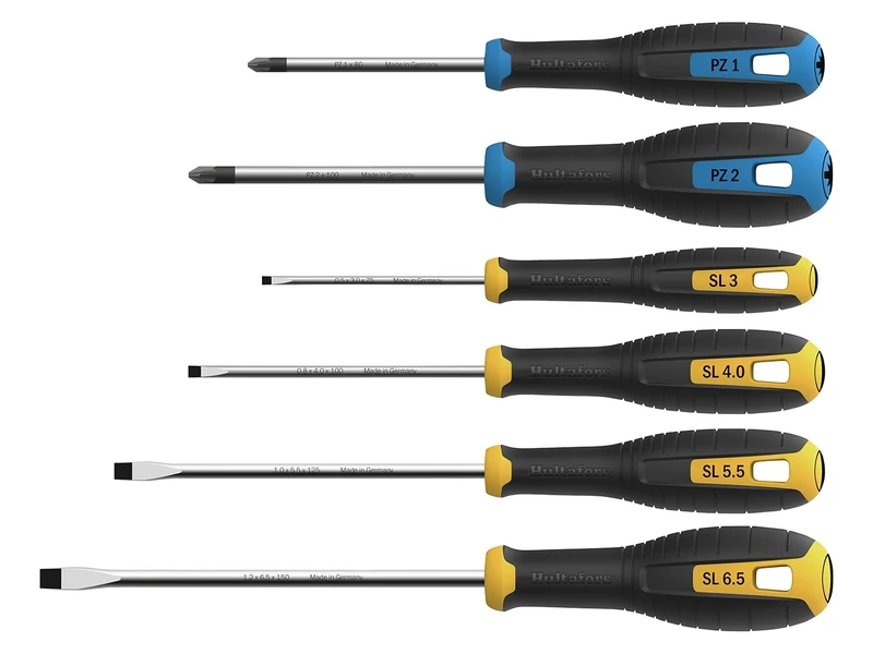 Hultafors Pozidriv & Slotted Screwdriver Set, 6 Piece, 2 x Pozidriv Screwdrivers: PZ1 x 80mm & PZ2 x 100mm, 4 x Slotted Screwdrivers: 3.0 x 75mm, 4.0 x 100mm, 5.5 x 125mm & 6.5 x 150mm.