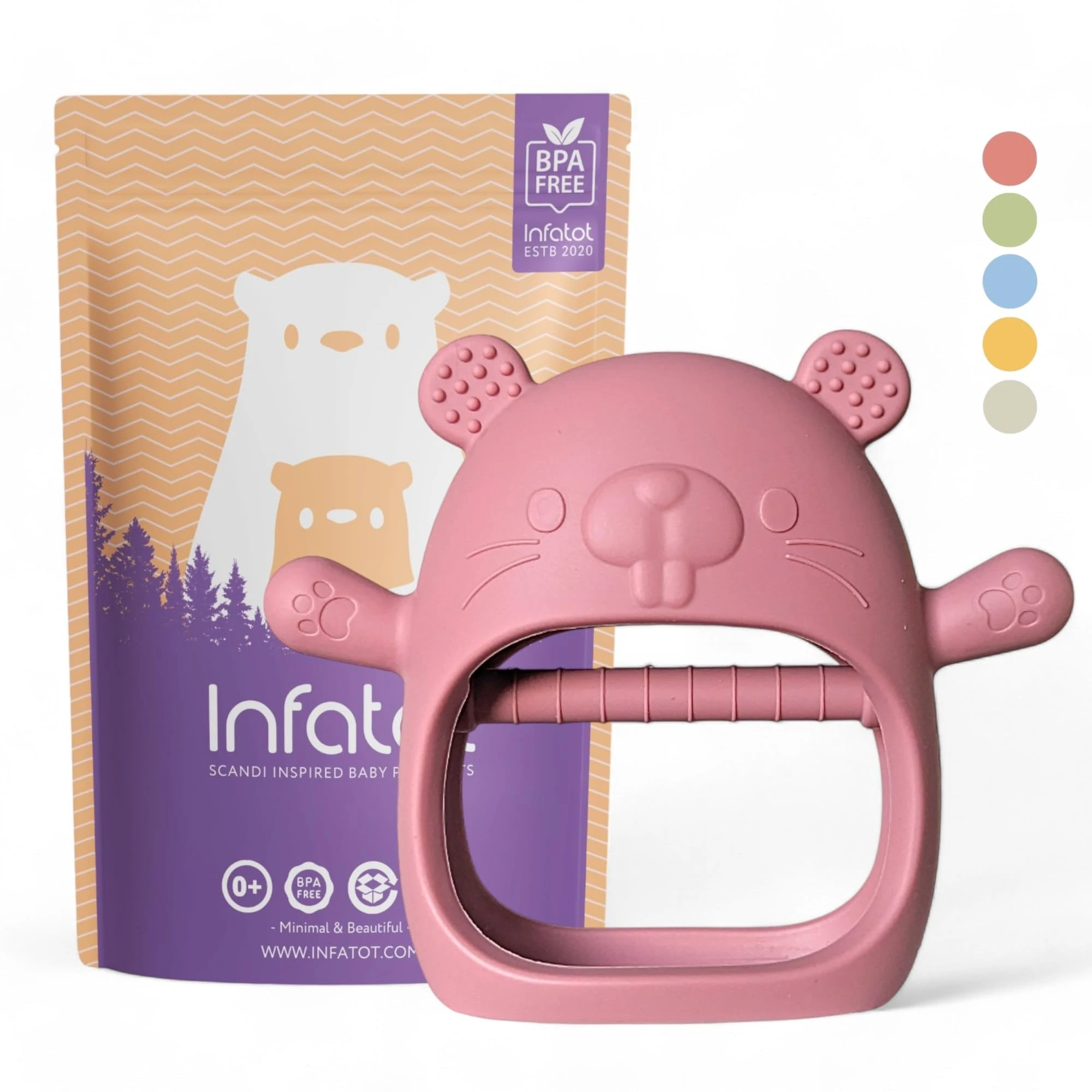 Infatot® Teething Toys for Baby Gifts – Chipmunk Silicone Mitten Teether, Soothing Glove for Infants, Baby Toys 0-6 Months, Soft Chewable Teether Toy to Prevent Finger Sucking, CM Plum