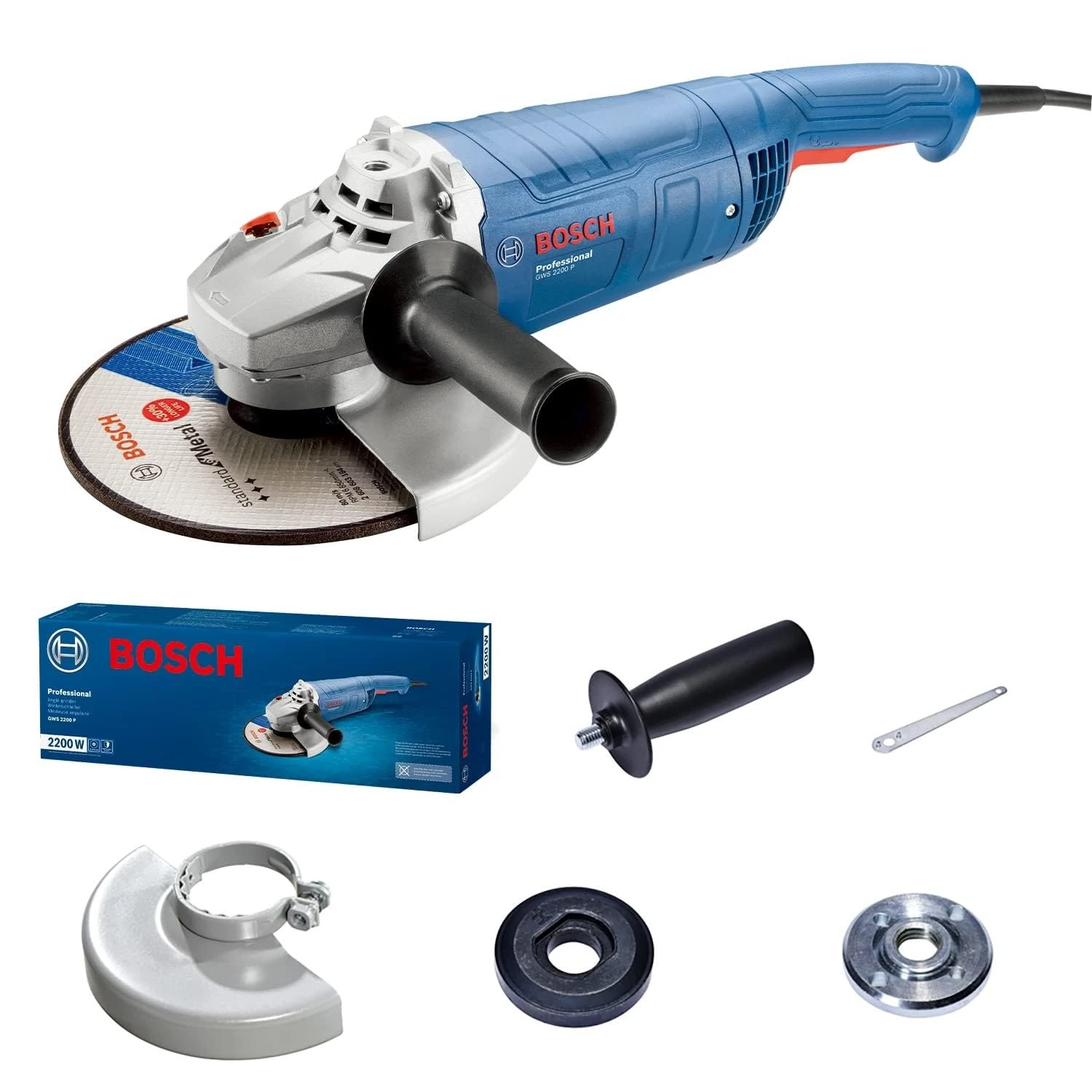 Bosch Professional Corded Angle Grinder GWS 2200 P (110 V, disc Diameter 230mm, 2,200 W Motor, Protection Switch, Auxiliary Handle, Protective Guard, Two-Hole Spanner, Backing Flange and Locking nut)
