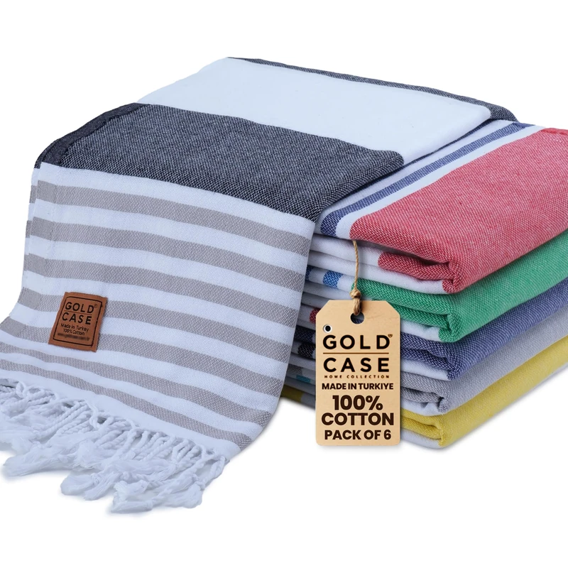 Gold Case Turkish Beach Towel Set of 6, 100% Cotton, Oversized Beach Towels, 70 x 38 Inch, Olympos, Extra Large Beach Towels, Quick Drying and Sand Free, Multi-Colour-2