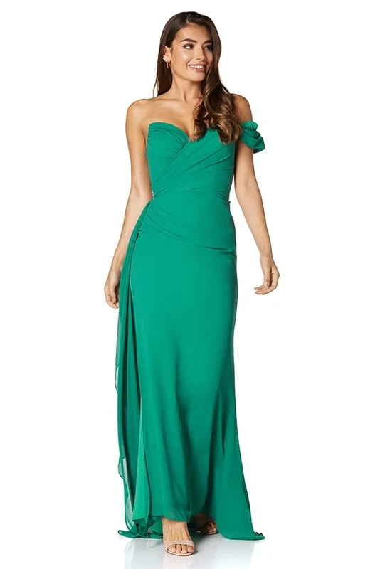 Jarlo London Women's Emery Ruched Maxi Dress with One Shoulder Sleeve, Chiffon Green, 8