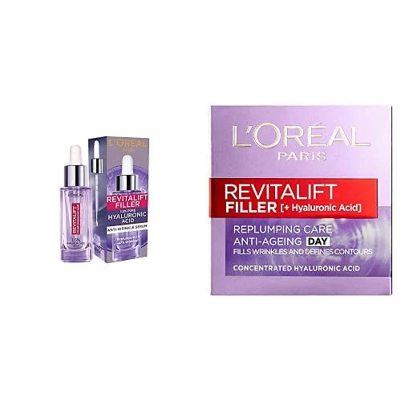 L'Oreal Paris Hyaluronic Acid Serum Revitalift Filler Anti-Wrinkle Dropper Serum Large & L'Oreal Revitalift Filler Renew Hyaluronic Acid Anti-Ageing Day Cream 50ml