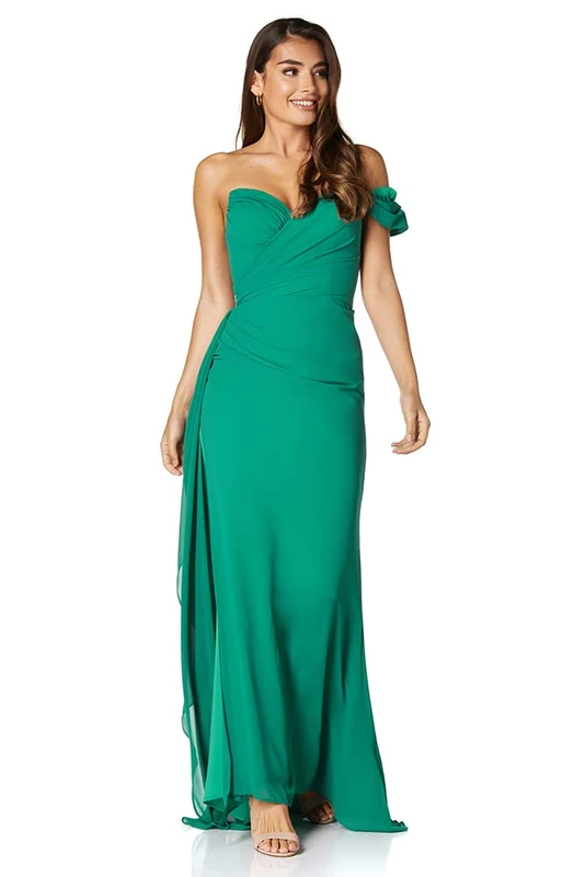 Jarlo London Womens Emery Chiffon Ruched Maxi with One Shoulder Sleeve Dress, Chiffon Green, 18 UK