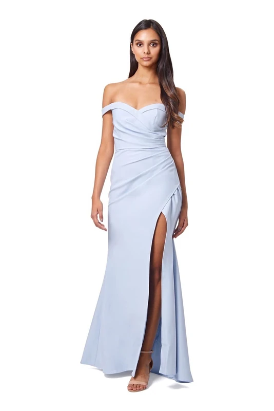 Jarlo London Bluebell Bardot Maxi Dress with Thigh Split and Button Back, Powder Blue, UK 14