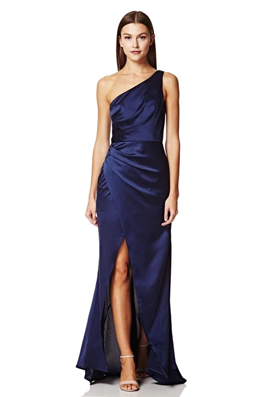 Jarlo London Womens Lisa One Shoulder Maxi with Pleat Detail Dress, Navy, 12 UK