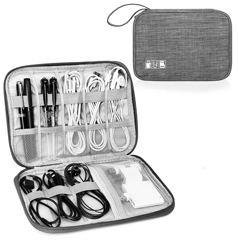 Woodland Leathers cable bag and cable organiser bag is a travel essentials electronics travel organizer for Chargers, Cables, USB Drive, SD Card, power bank and Hard Disk with Handle (Grey)