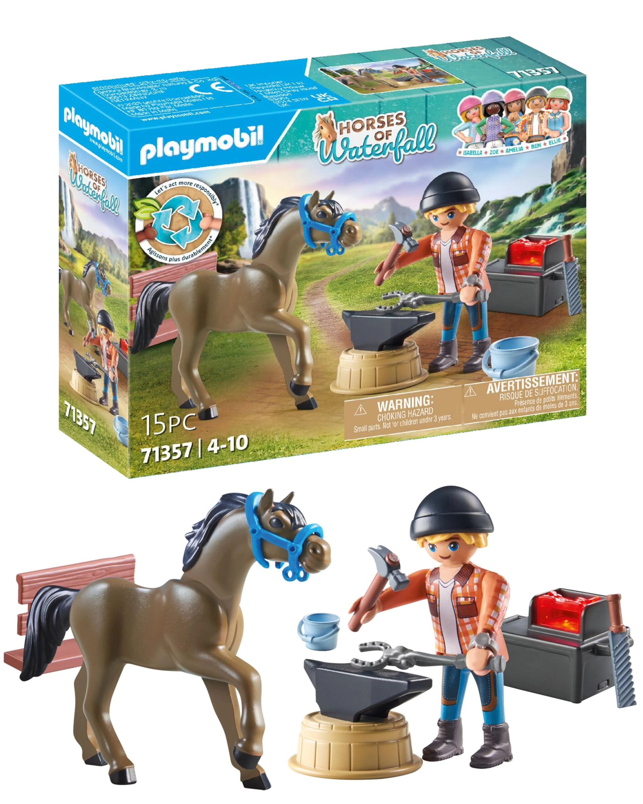 Playmobil 71357 Horses of Waterfall - Farrier Ben and Achilles, interactive horse care at Waterfall Ranch, fun imaginative role-play, sustainable playsets suitable for children ages 5+
