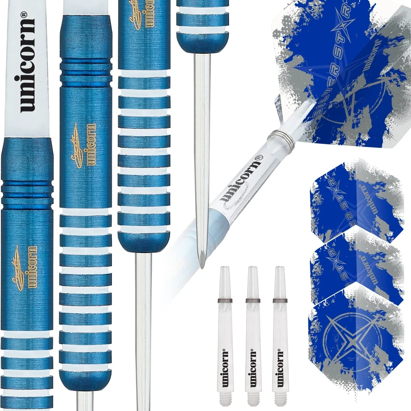 Unicorn Steel Tip Professional Darts Set | Gary Anderson Blue Silver Star | 80% Tungsten Barrels with Titanium Coating | 25 g