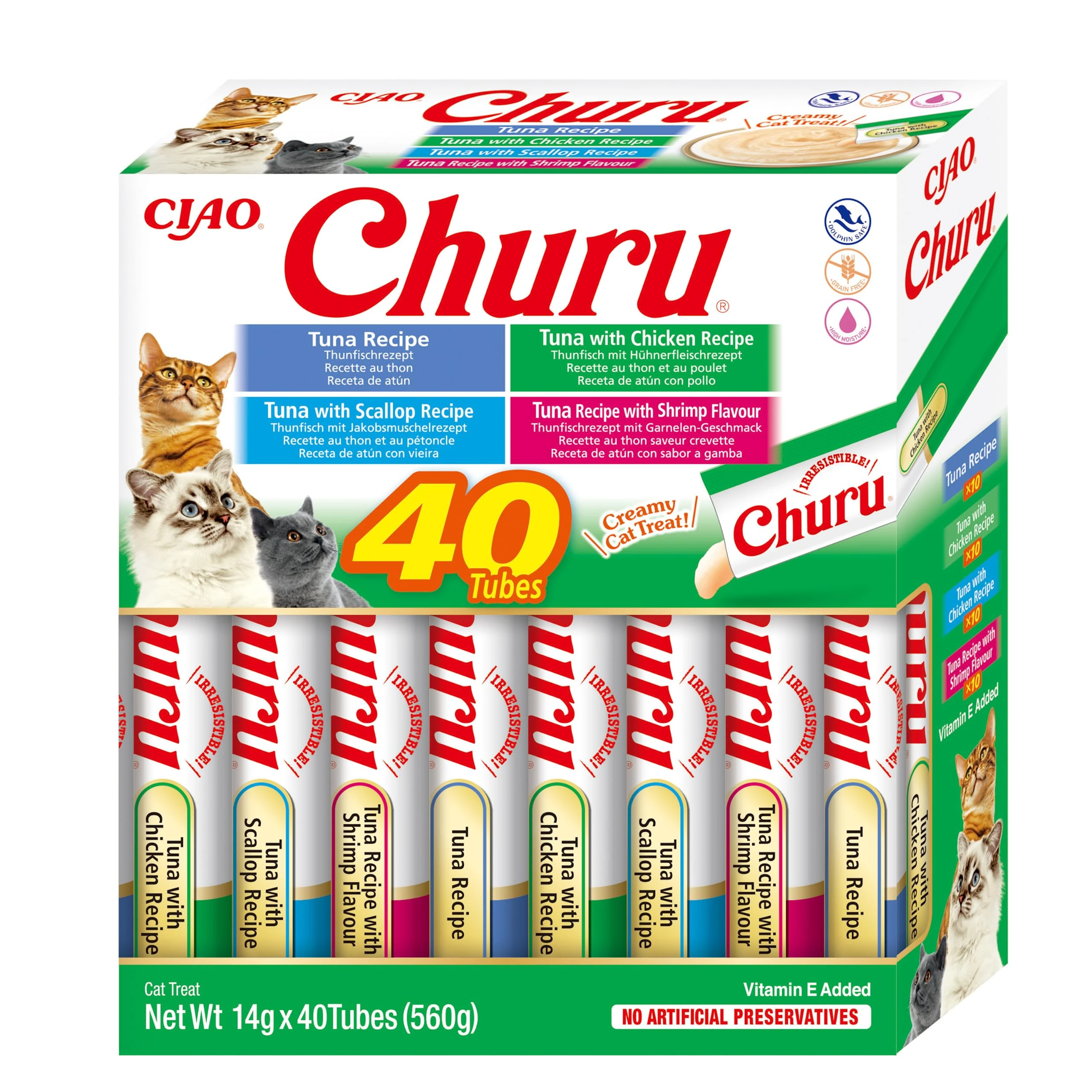 Churu by INABA Cat Treat - Tuna Seafood Variety Box - 1 Pack (40 x 14g total) / Soft & Creamy Cat Treat, Delicious & Healthy Snack, Purée Food Topper, Natural, Grain Free
