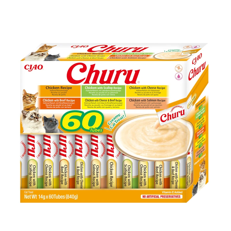 Churu by INABA Cat Treat - Chicken Variety Box - 1 Pack (60 x 14g total) / Soft & Creamy Cat Treat, Delicious & Healthy Snack, Purée Food Topper, Natural, Grain Free - Image 1