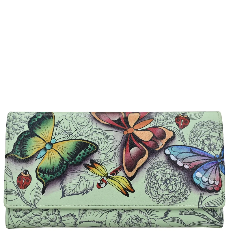 Anna by Anuschka Hand Painted Women’s Genuine Leather Ladies Checkbook Clutch Wallet, Dreamy Wings Sage, One Size - Image 1