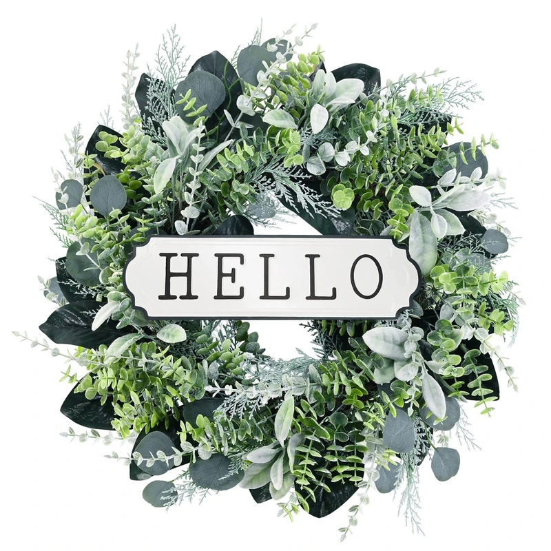 SEVENLOVE Hello Door Wreath, Boxwood Wreath 24inch, Farmhouse Eucalyptus Flocked Lambs Ear Wreath for Front Door Hanging Wall Window Party Decoration,Green