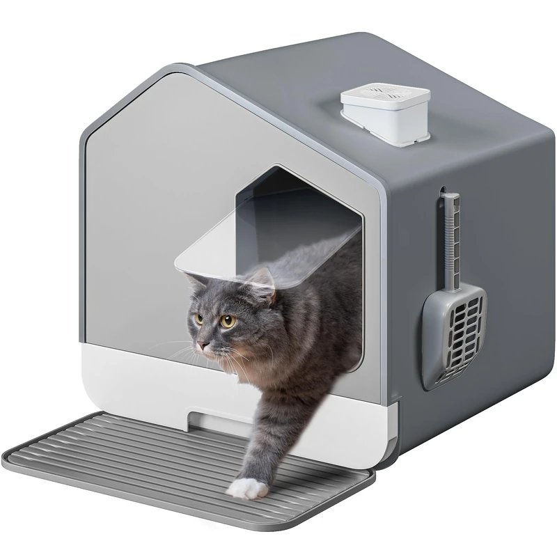 YITAHOME Cat Litter Box with Lid, Hut Design, Enclosed Large Cat Litter Tray with Hood, Deep Cat Toilet with Drawer Pan Litter Scoop Litter Mat Deodorizer Filter, High Sided Cat Litter House (Grey)