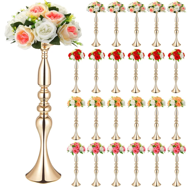 Rtteri 24 Pcs Gold Metal Wedding Flower Stand 20 Inch Tall Versatile Wedding Flower Vase Wedding Decorations for Reception Flower Arrangement Candle Holder Stand for Party Dinner Table Centerpieces