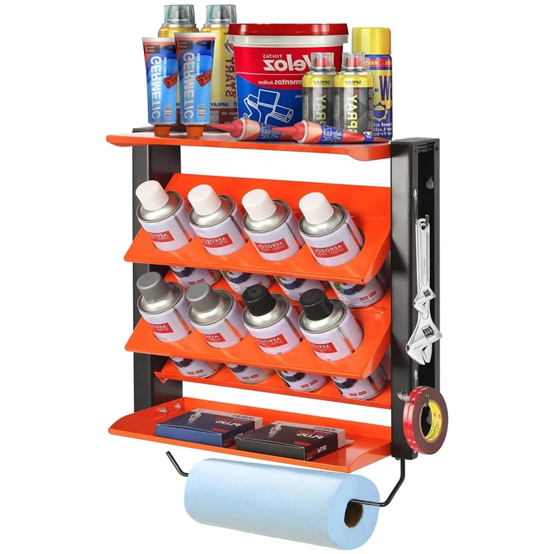 Wallmaster 8 Can Holes & 2 Shelf Heavy Duty Paint Bottle Organizer for Garage & Home, Orange - Image 1