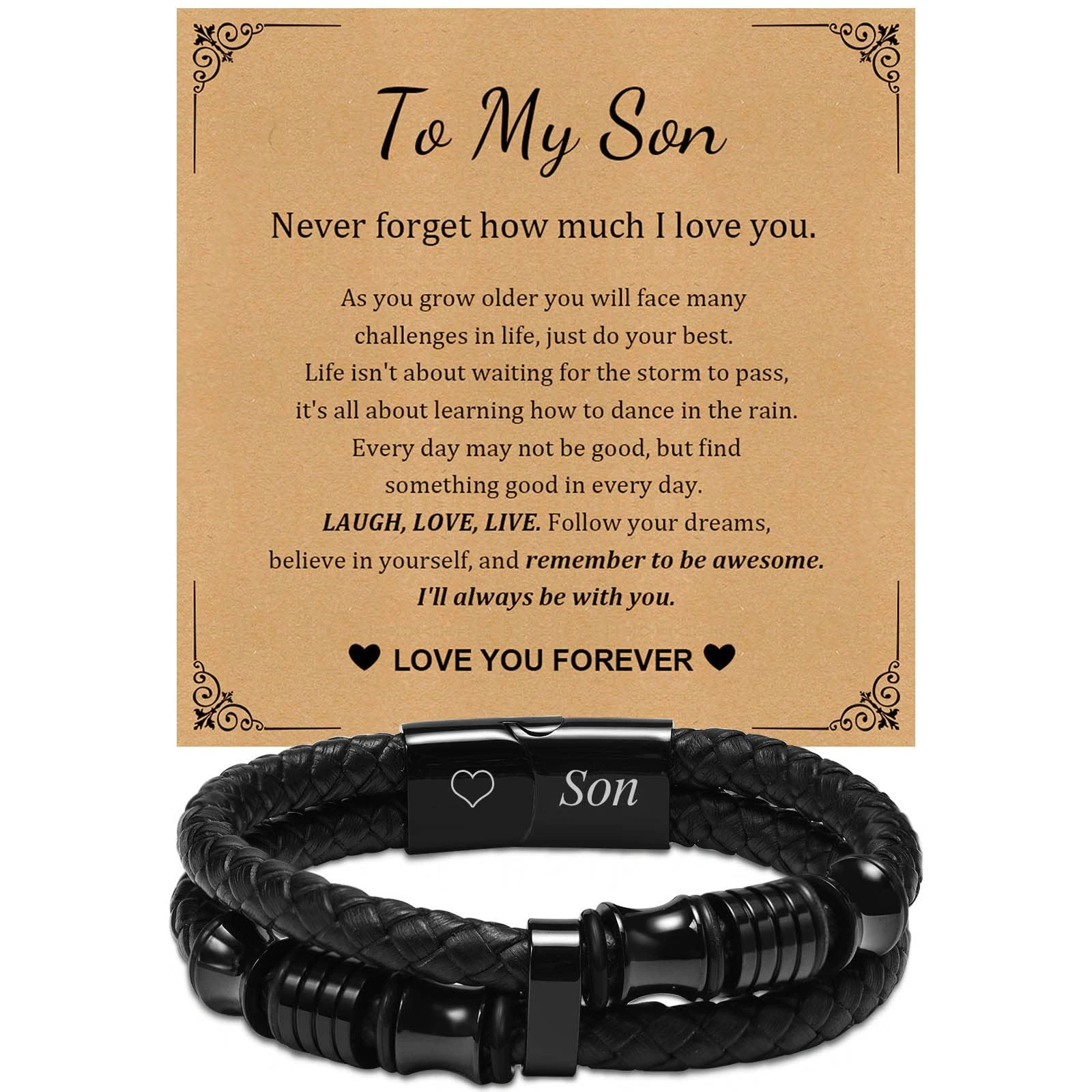 Son Gifts Mens Bracelets - Black Premium Leather Bracelet with Stainless Steel Magnetic Clasp to Men Boys, Back to School Birthday Christmas Father's Day Graduation Gift to My Son from Mum Dad