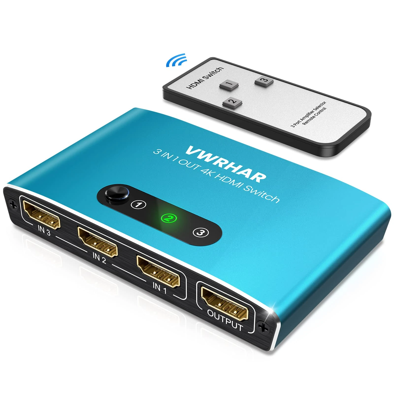 VWRHar HDMI Switch 3 IN 1 OUT Aluminum HDMI Splitter with Remote HDMI Switcher Supports 4K 3D HD Monitor Wireless Remoter Control Compatible with PS5/PS4/PS3, Laptop/PC DVD Blu-Ray Xbox Roku TV/HDTV