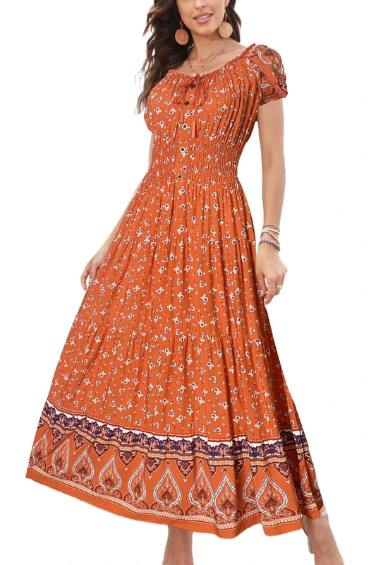 OSTOO Women’s Sleeveless Summer Flowy Printed Boho Maxi Long Dress Dresses for Wedding Guest, Tangerine B, XL