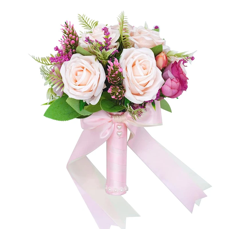 Floinla Blush & Magenta Wedding Bouquets for Bride Bridesmaid Artificial Roses Flowers Bridal Bouquet for Rustic French Vintage Formal Wedding Church Home Decoration
