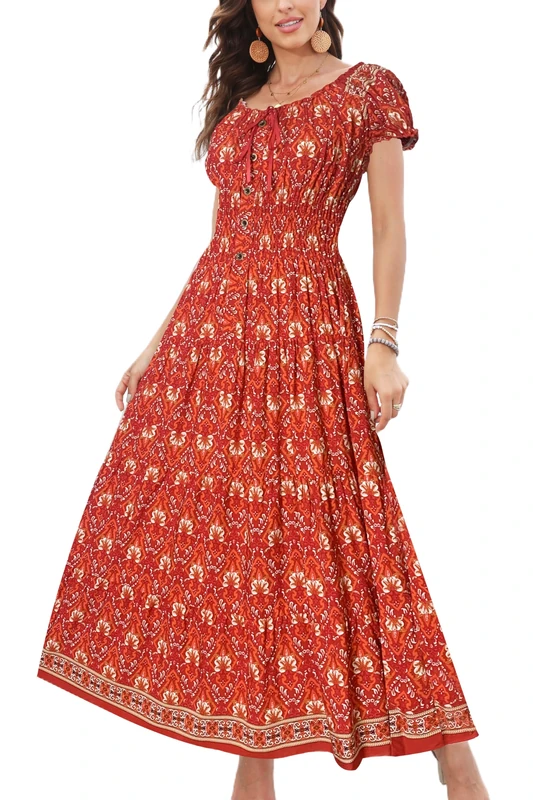 OSTOO Women’s Sleeveless Summer Flowy Printed Boho Maxi Long Dress Dresses for Wedding Guest, Red Flowers, M