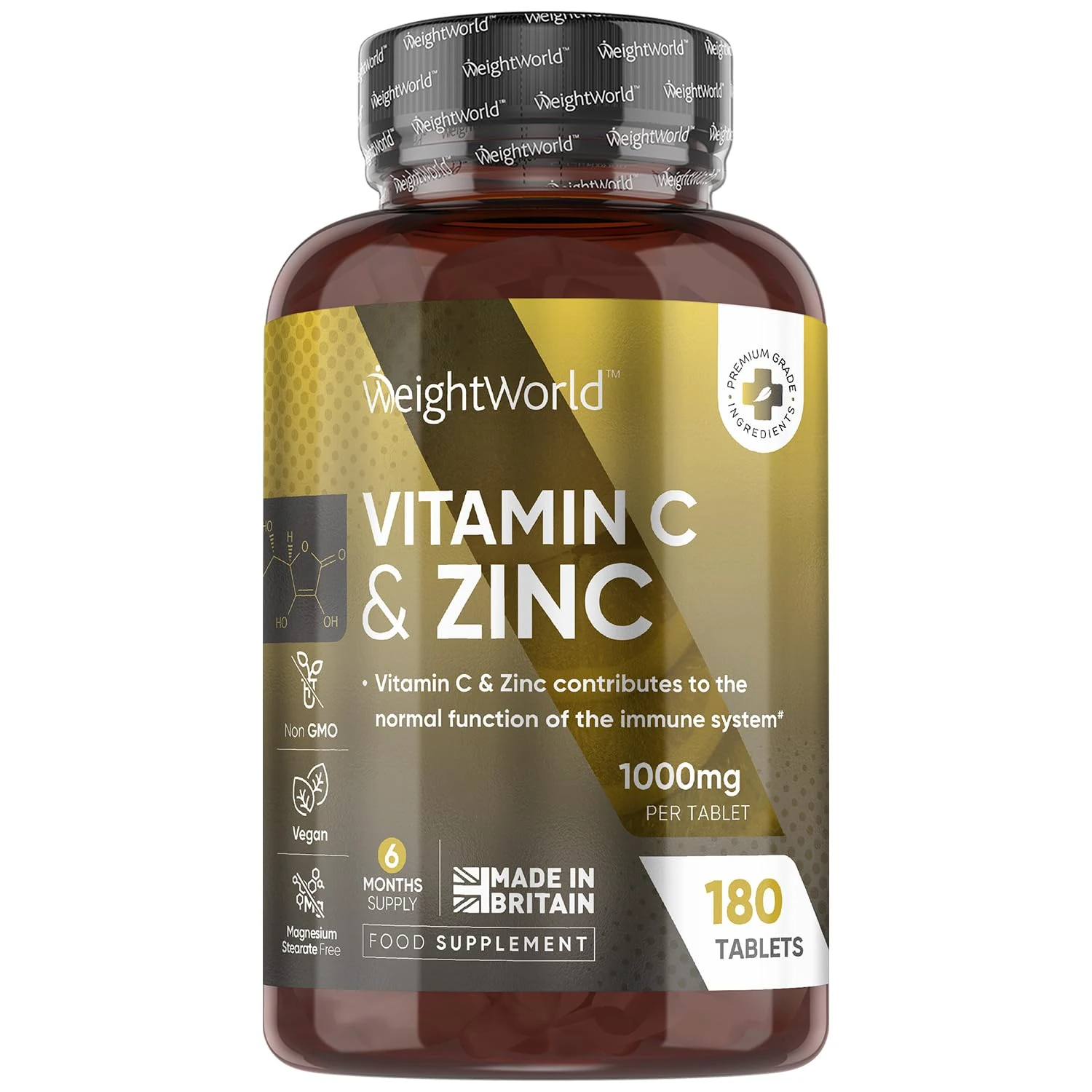 Vitamin C and Zinc Supplements - 6 Months Supply - 180 Tablets - 1 per Day - 1000mg L-Ascorbic Acid & 10mg Zinc Bisglycinate - Vegan-Friendly & Non-GMO - Vitamin C Tablets for Men & Women