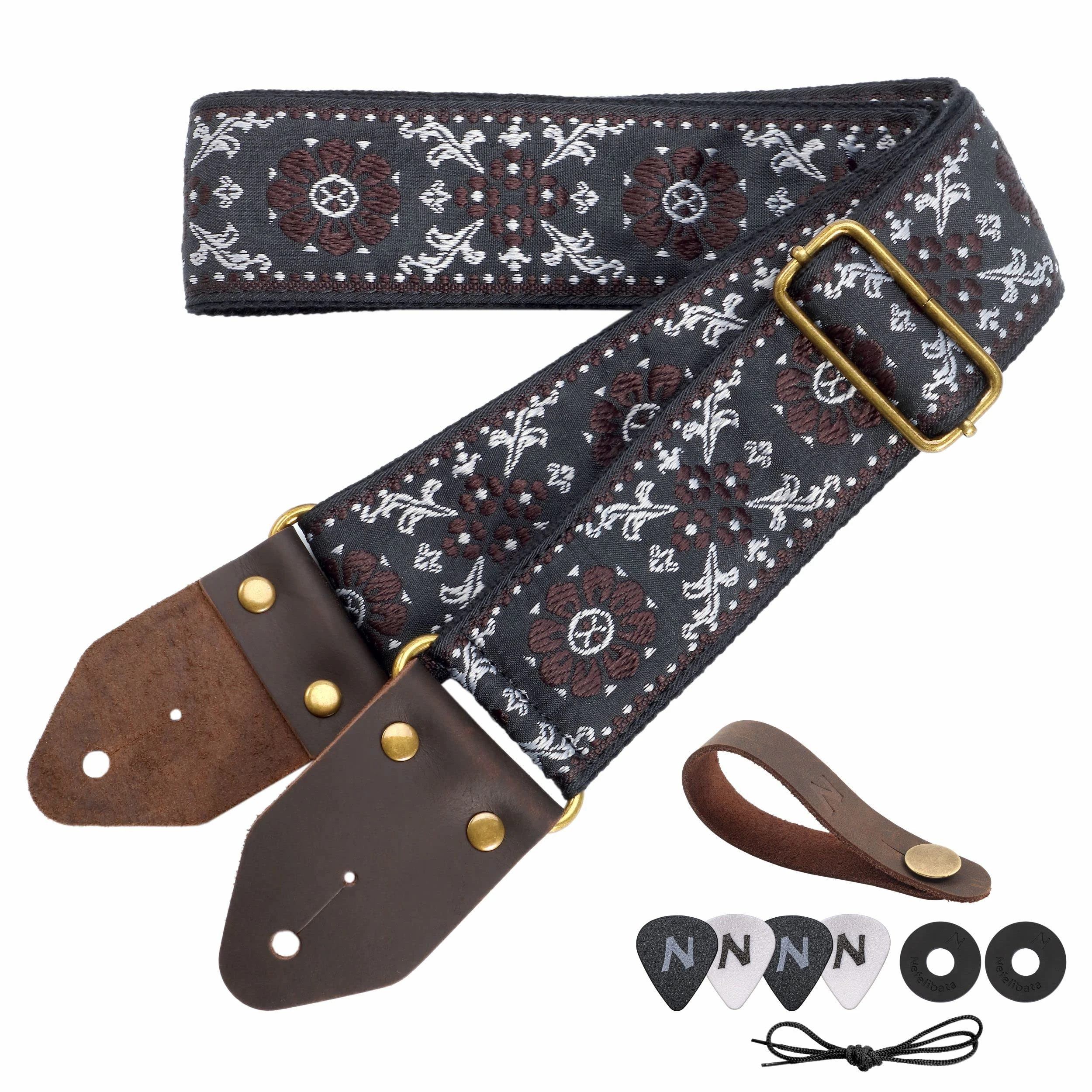 Nefelibata Guitar Strap,Jacquard Embroidery Cotton Guitar Straps with Crazy Horse Leather Ends for Bass, Electric & Acoustic, Gifts for Kids, Guitarists