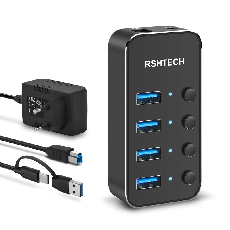 RSHTECH Powered USB 3.0 Hub with 4 USB 3.0 Data Ports Aluminium USB C Splitter with 2-in-1 Hybrid USB-C/A Data Cable 100cm, 5V Power Supply