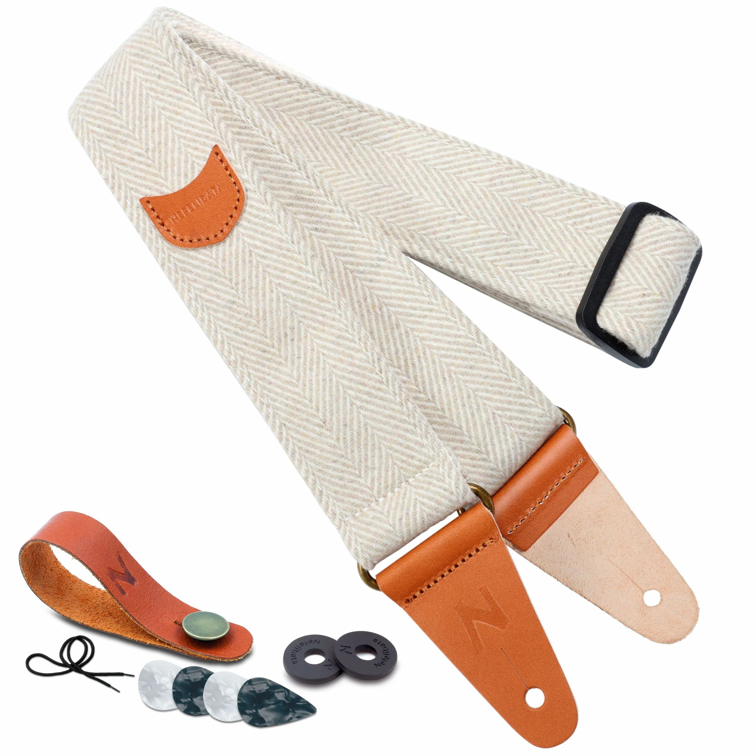 Nefelibata Guitar Strap, Soft Cashmere-containing Fabric Full Grain Leather End Guitar Straps for Bass, Electric and Acoustic Guitars, Free Button, Locks and Guitar Picks