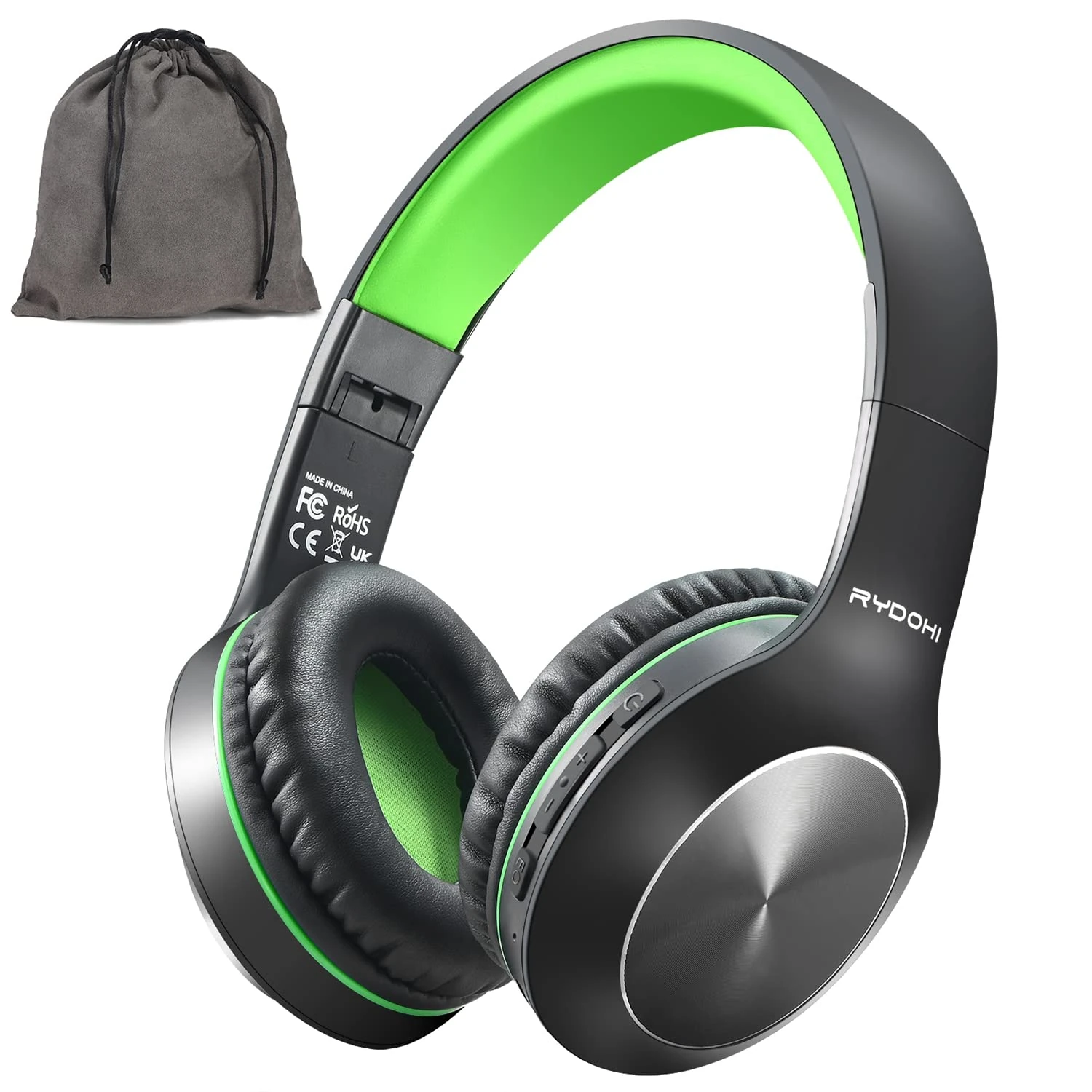 Rydohi Bluetooth Headphones Over Ear, 68H Playtime and 3 EQ Music Modes Wireless Headphones with Microphone/Deep Bass, HiFi Stereo Foldable Lightweight Headset for PC Home Travel Office (BLACK-GREEN)