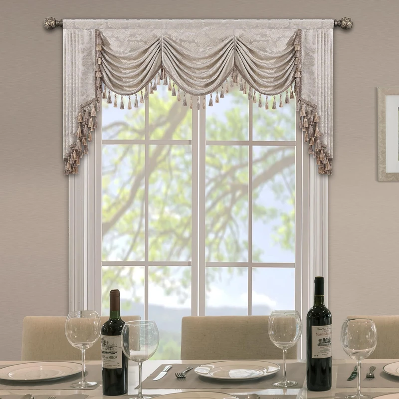 Loom and Mill Luxury Jacquard Waterfall Valance for Living Room, Floral Damask Swag Window Valances with Multi-Tassels, Elegant Swag Curtains for Bedroom Holiday Banquet Decor(W79, Light Taupe+Gold)