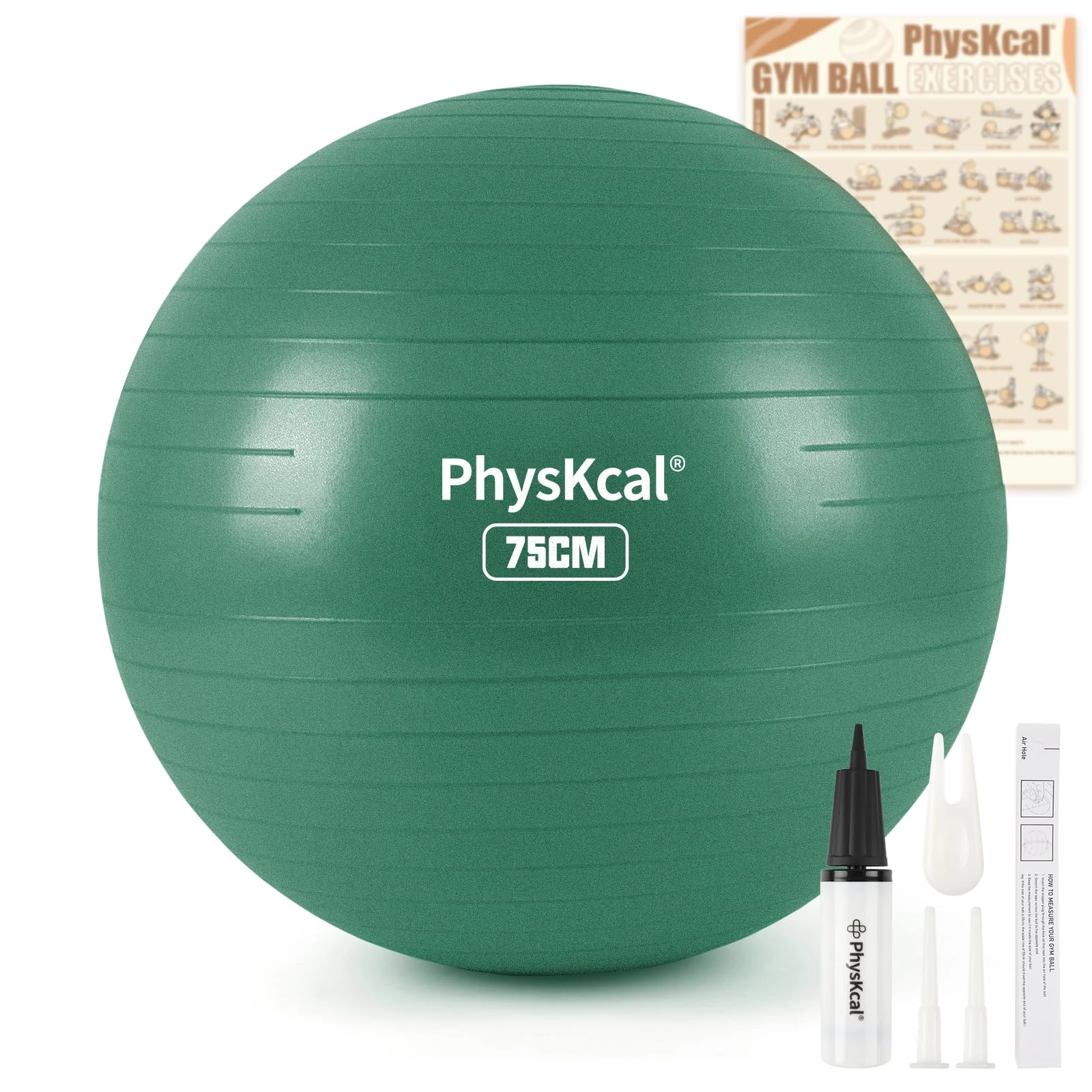 PhysKcal Gym Ball 75cm Green Exercise Swiss Ball for Fitness Yoga Pilates Pregnancy, Anti Burst Ball Chair for Balance, Stability, Quick Pump Included